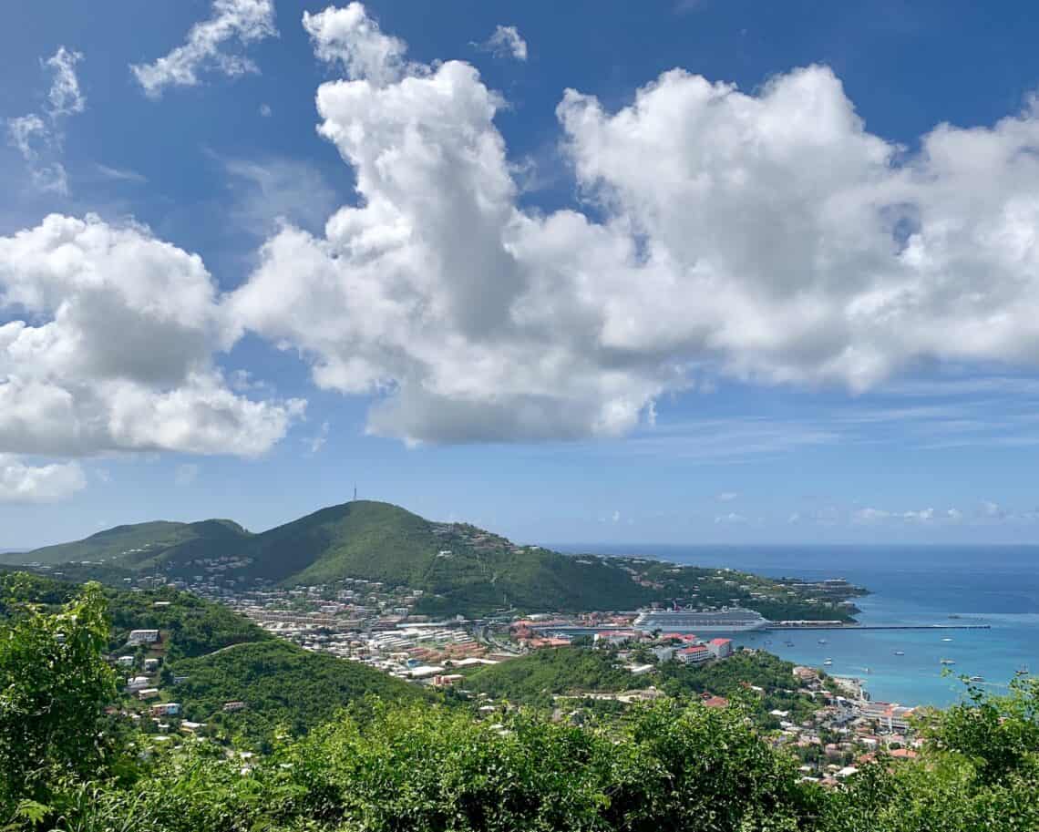 View of mountains and water around Caribbean island