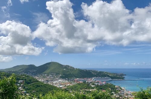 View of mountains and water around Caribbean island