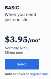 Selecting the Basic Plan for hosting with Bluehost