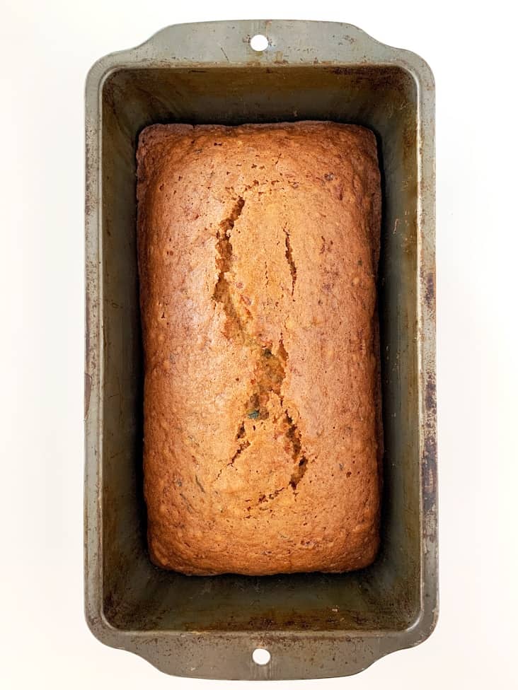 Baked zucchini bread in a loaf pan