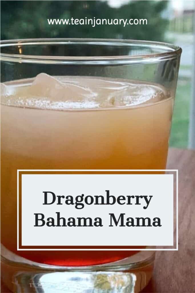 Pinterest Pin of Dragonberry Bahama Mama cocktail in a clear glass in front of a window