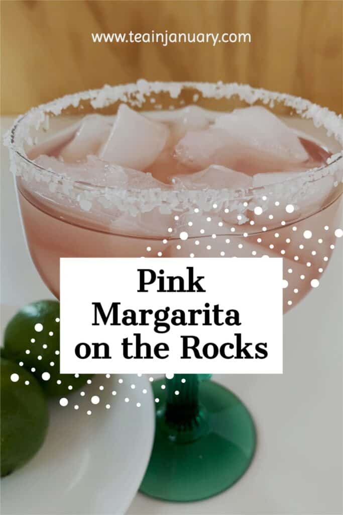 Pinteres Pin for Pink Margarita on the Rocks recipe, showing a pink margarita next to some limes
