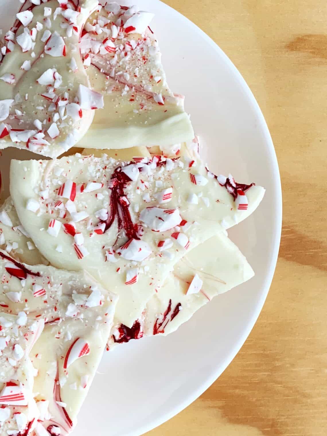 White chocolate peppermint bark arranged on a plate