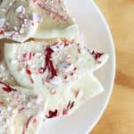 White chocolate peppermint bark arranged on a plate