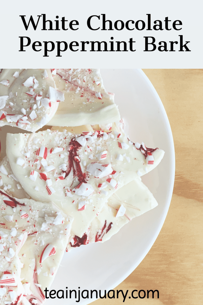 Pinterest Pin with White Chocolate Peppermint Bark on a plate