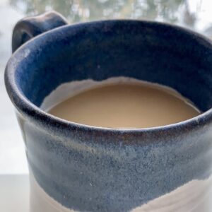London Fog, Earl Grey Tea Latte in a blue and white mug