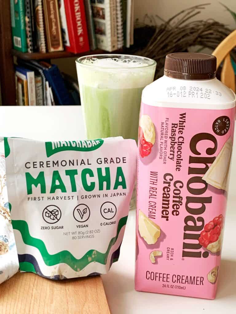 Ingredients for making Iced White Chocolate Raspberry Matcha Tea Latte
