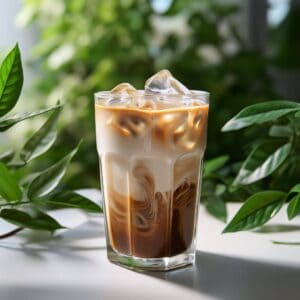 Iced vanilla oatmilk latte in a tall glass with plants in the background