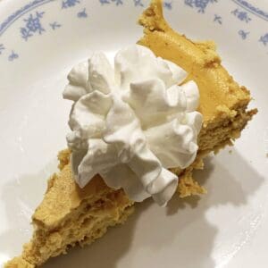 Slice of pumpkin cheesecake topped with whipped cream