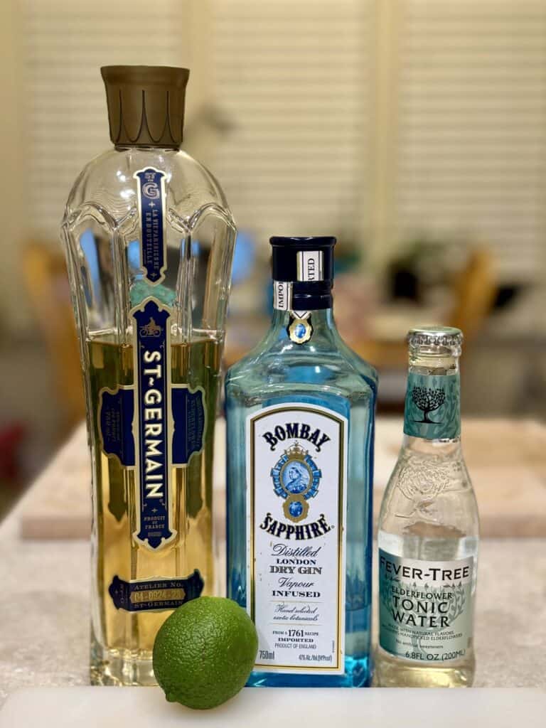 Ingredients to make Elderflower Gin and Tonic: St-Germain Elderflower Liqueur, Bombay Sapphire Gin, Fever-Tree Elderflower Tonic Water