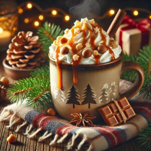 A cozy mug of spiked butterscotch hot chocolate topped with whipped cream