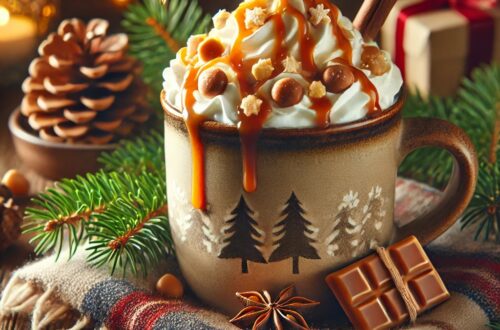 A cozy mug of spiked butterscotch hot chocolate topped with whipped cream