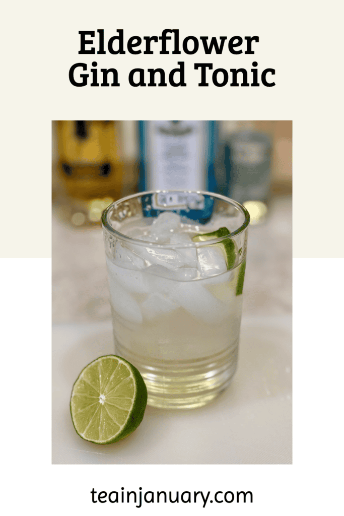 Pinterest pin of Elderflower Gin and Tonic cocktail recipe in a glass with ice