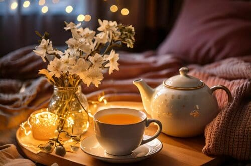 A cozy evening setting with a cup of tea, a teapot and twinkling lights