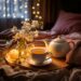 A cozy evening setting with a cup of tea, a teapot and twinkling lights