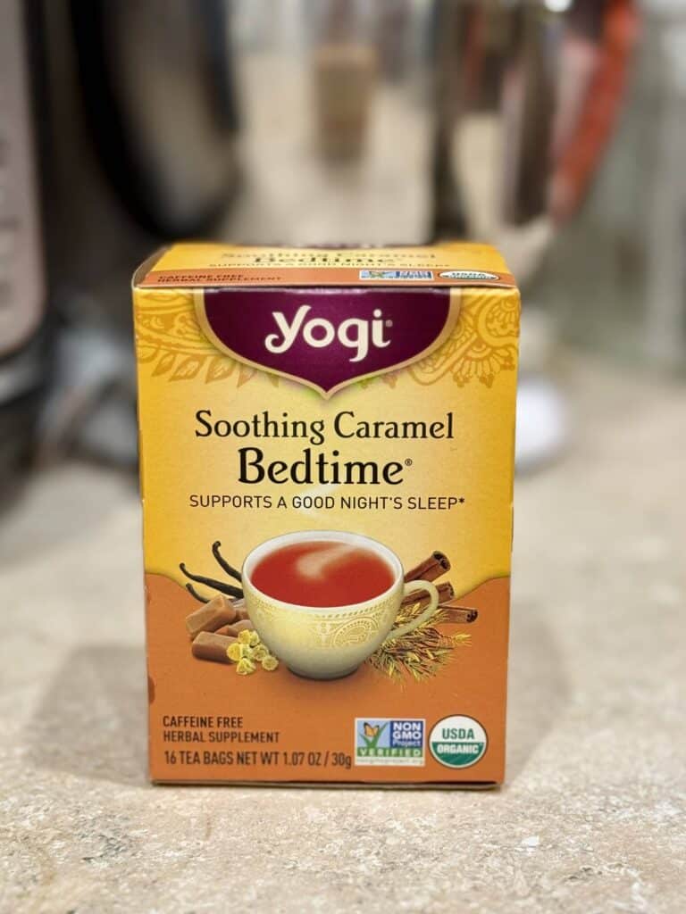 A box of Soothing Caramel Bedtime tea from Yogi