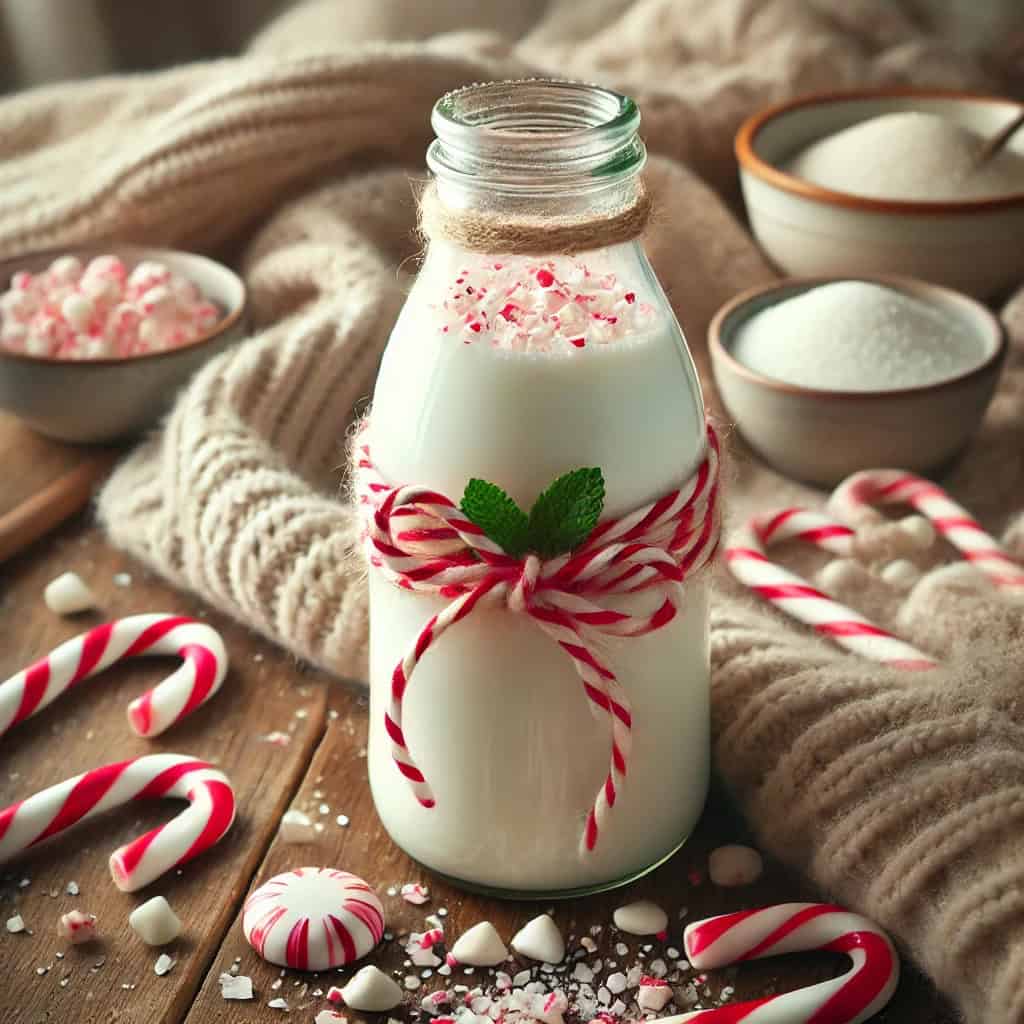 Illustration of white chocolate peppermint creamer in a glass bottle decorated with festive string and a peppermint sprig