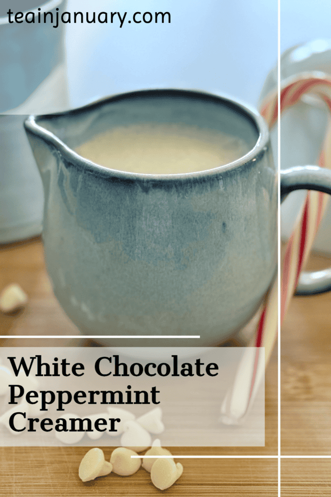 Pinterest pin of white chocolate peppermint creamer recipe in a blue ceramic creamer