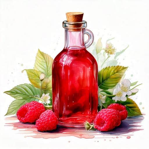 An illustration of raspberry syrup in a glass bottle with raspberries and flowers