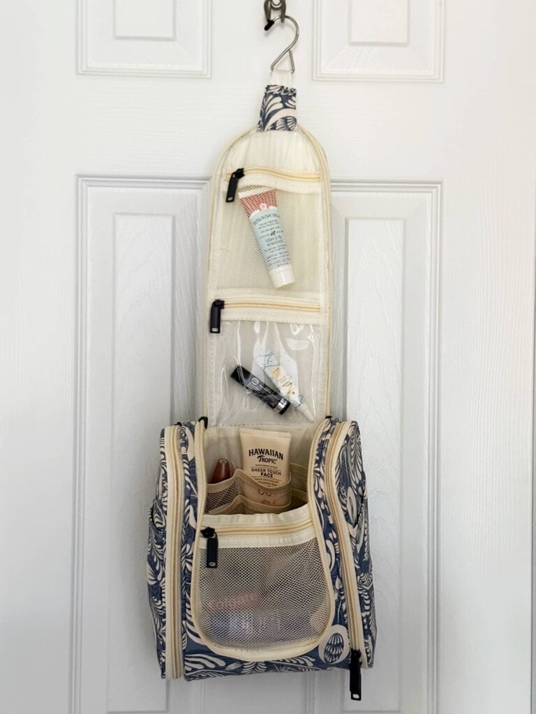 Hanging toiletry bag for travel, a must-have item to pack for a cruise