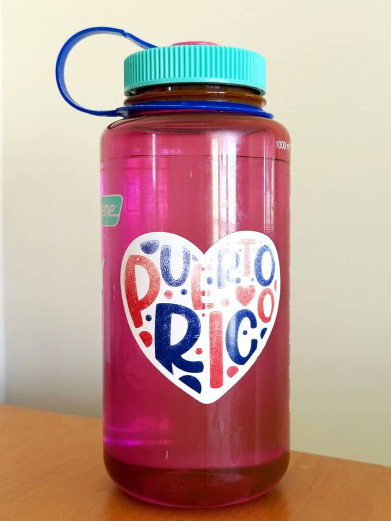 Colorful Nalgene bottle with a Puerto Rico heart sticker